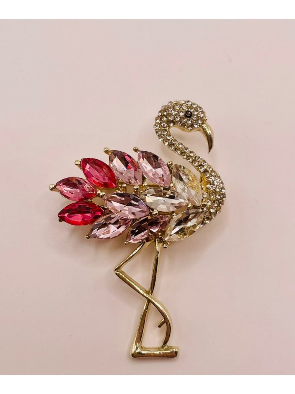 Flamingo Brooch Pink & Clear Crystal Rhinestones Gold-Tone -34B